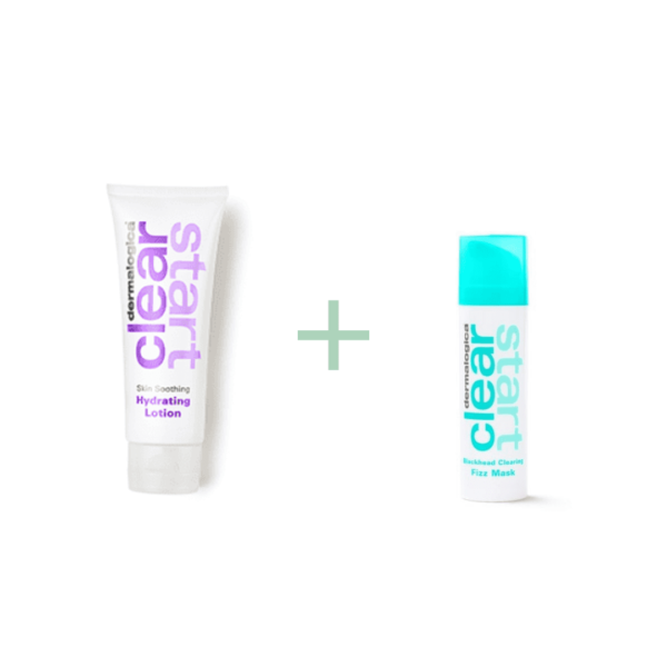 Dermalogica Clear Start voor jonge, onzuivere huid. Hydrating Skin Soothing Lotion + Blackhead Clearing Fizz Masque